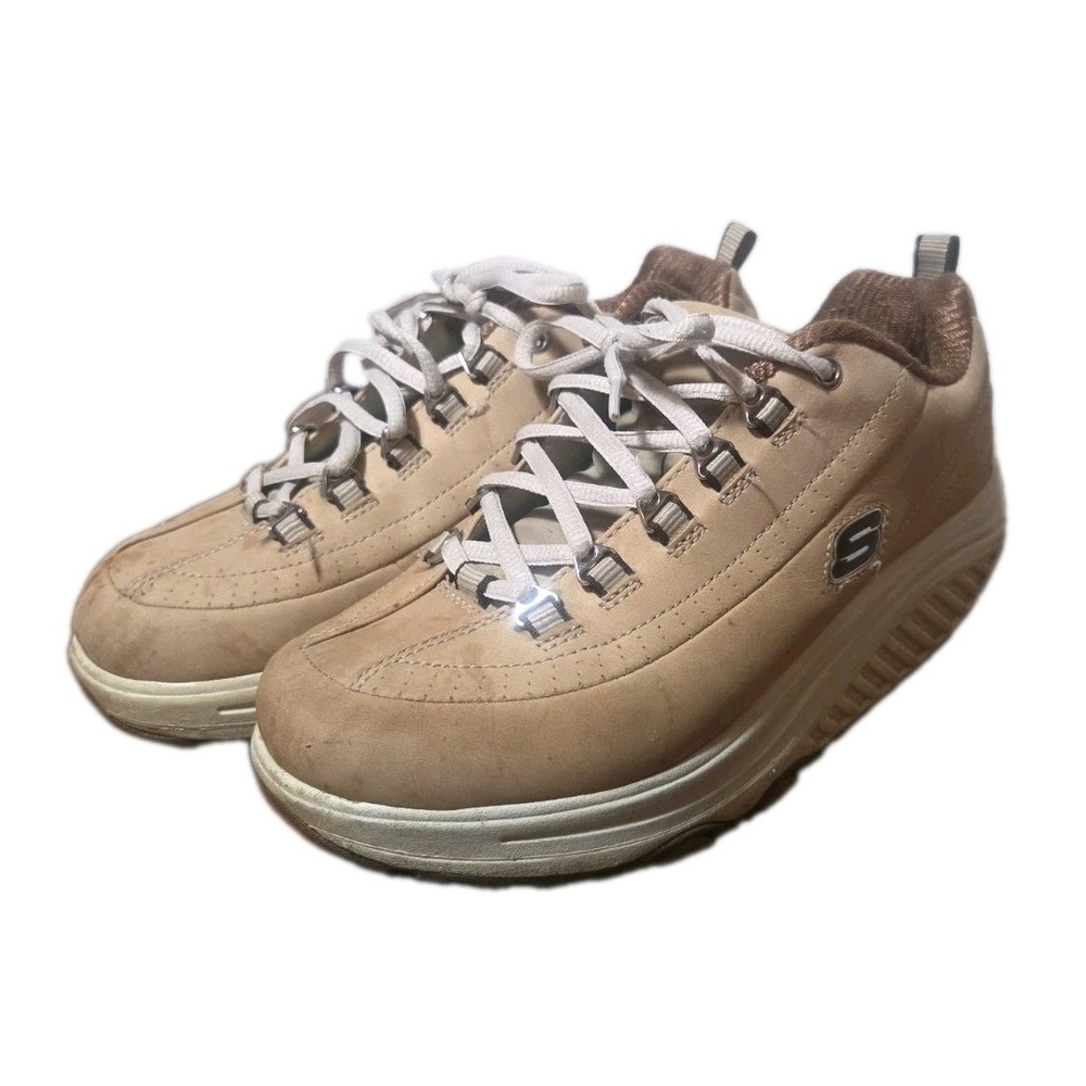 Sketchers Shape Ups Womens Size 7.5 Tan Suede Lace Up Curved Sole Walking Shoe